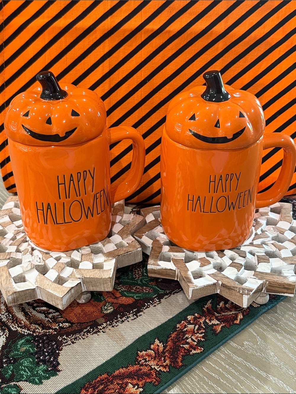 BRAND NEW RAE DUNN MUGS W/Happy Halloween & Pumpkin Lid Vivid Orange SET/2 NWT